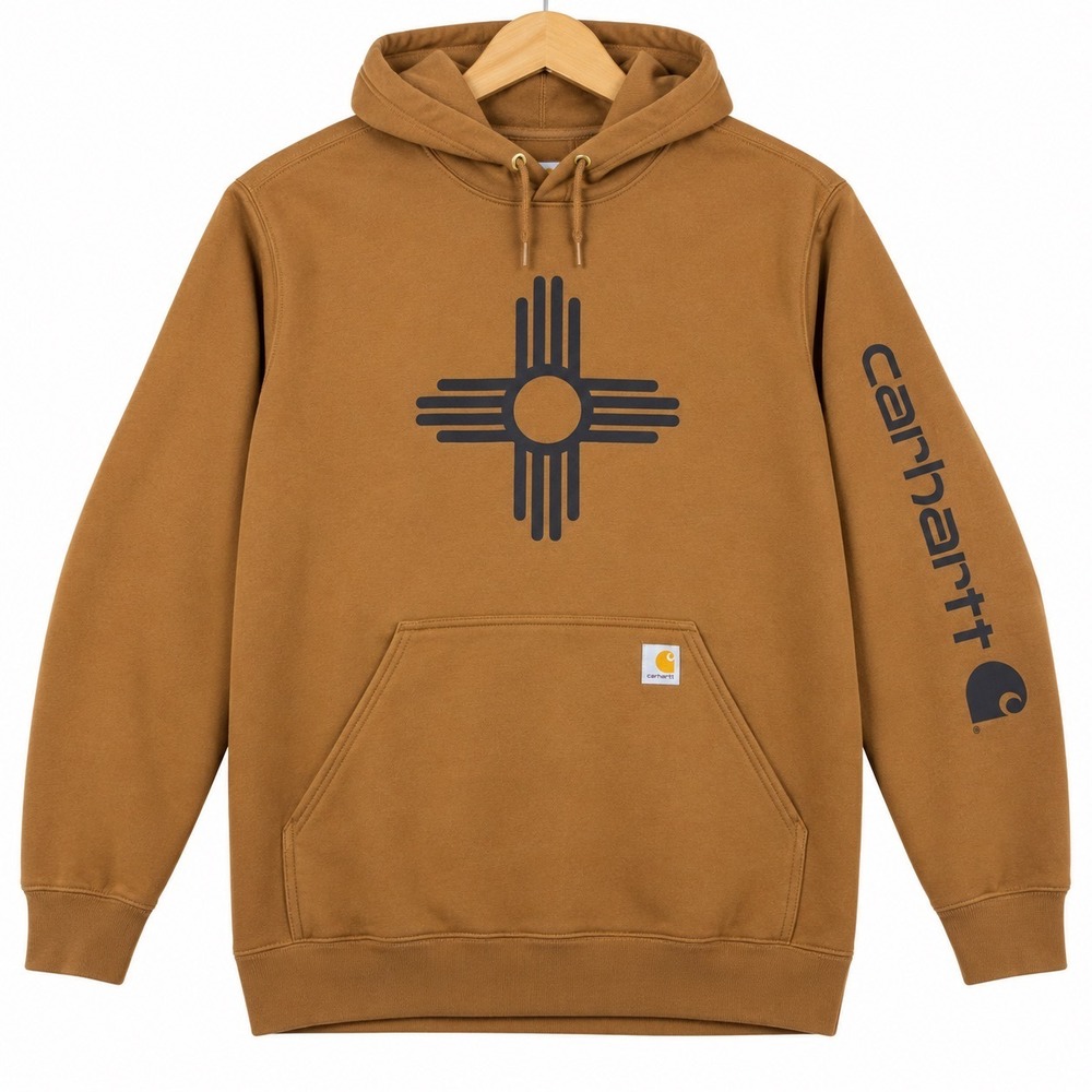 Carhartt K288 Hoodie Mens M Brown Loose Fit Zia Graphic Logo Sleeve Pullover
